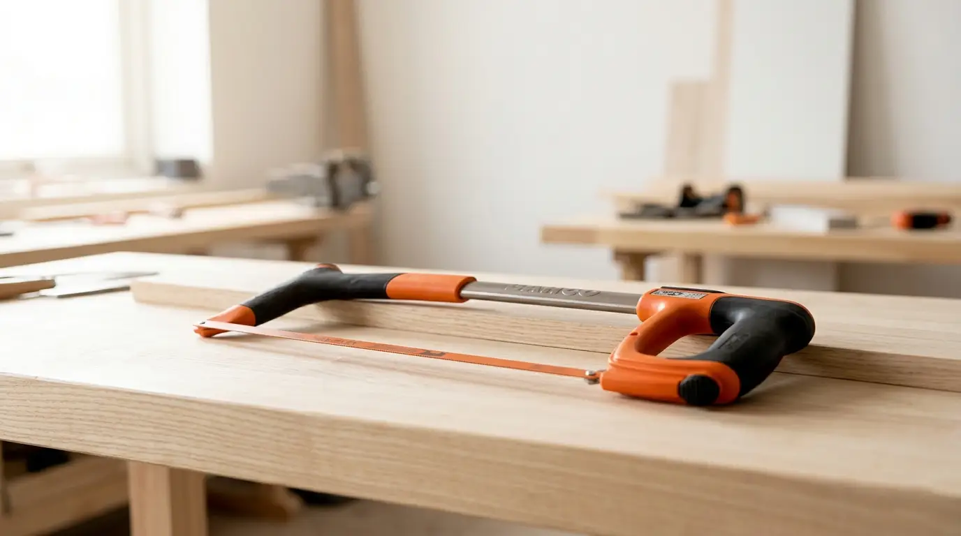 Arco de sierra profesional Bahco sobre banco de trabajo