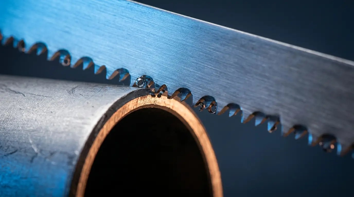 Arco de sierra sobre banco de trabajo con material metálico