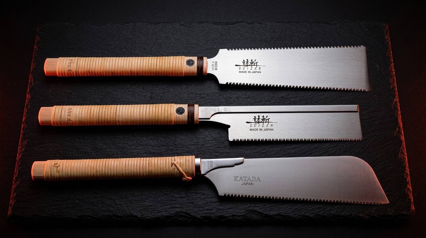 Tipos de serrucho japonés: Ryoba, Dozuki y Kataba sobre mesa de taller