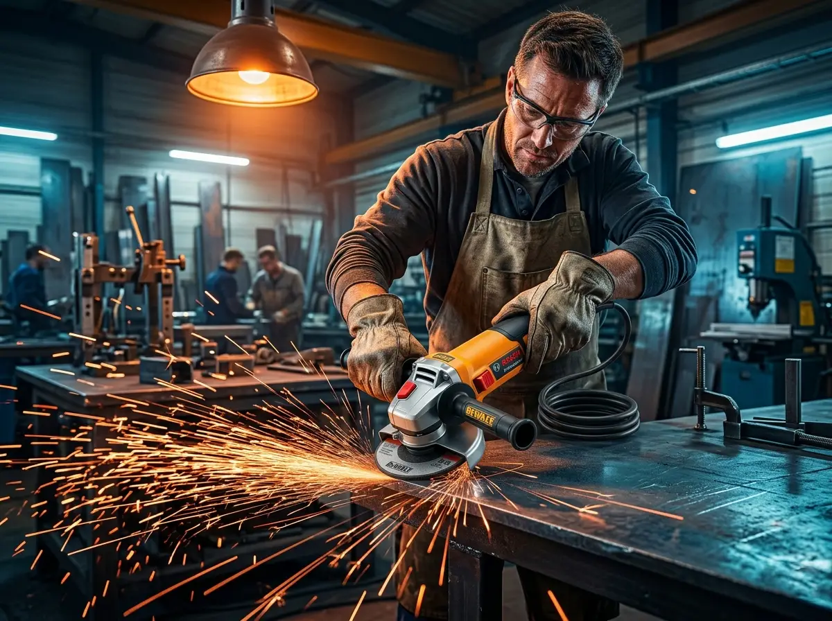 Amoladora angular cortando metal con chispas