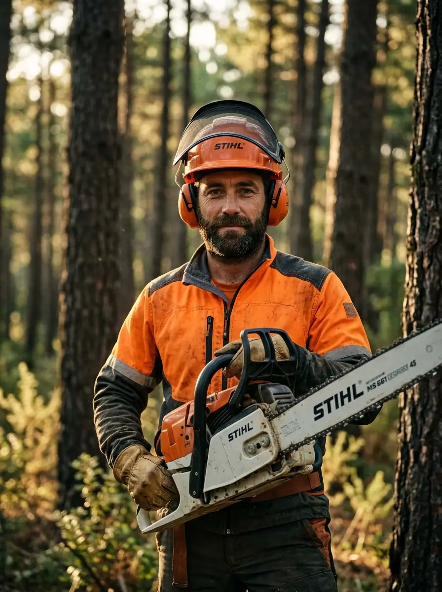 Profesional usando motosierra para cortar tronco en bosque