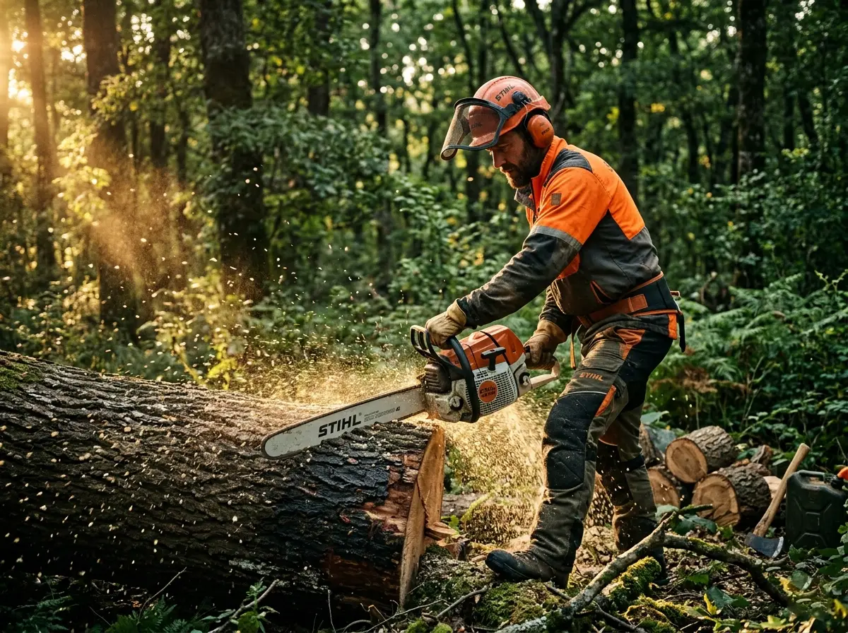 Motosierra profesional en acción cortando tronco de madera